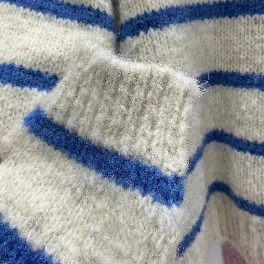 Korean Color Block Stripe Lapel Knit Sweater for Women - 2026 Autumn/Winter Collection