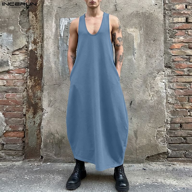 INCERUN Herren Damen Sommer Ärmellos Lässig Locker Lang Kleid Roben
