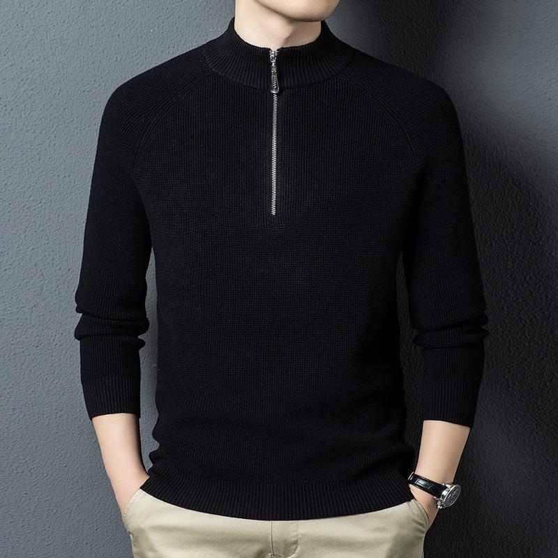 Men's Winter Thickened Pure Wool Sweater with Stand Collar & Raglan Sleeves - Half-Zip Pullover Knitwear