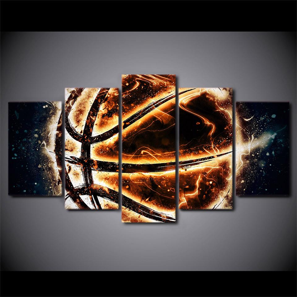 Wall Art Canvas Painting Pictures 5 Panel Fire Basketball  HD Printed Modern Modular Posters Home Living Room Decor
