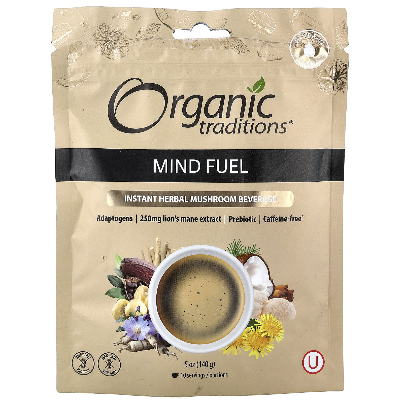 

Organic Traditions, Instant Herbal Mushroom Drink, Mind Fuel, Caffeine Free, 140g (5oz)