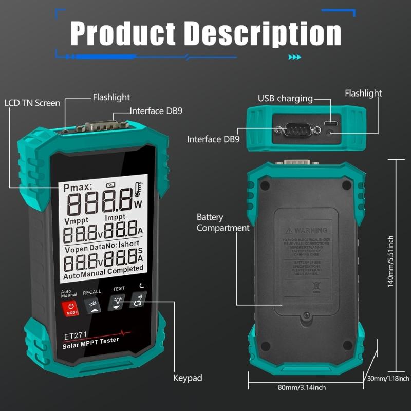 Photovoltaic Tester For Solar Systems Measuring Up To 1600W Featuring MPPT Efficiency Analysis