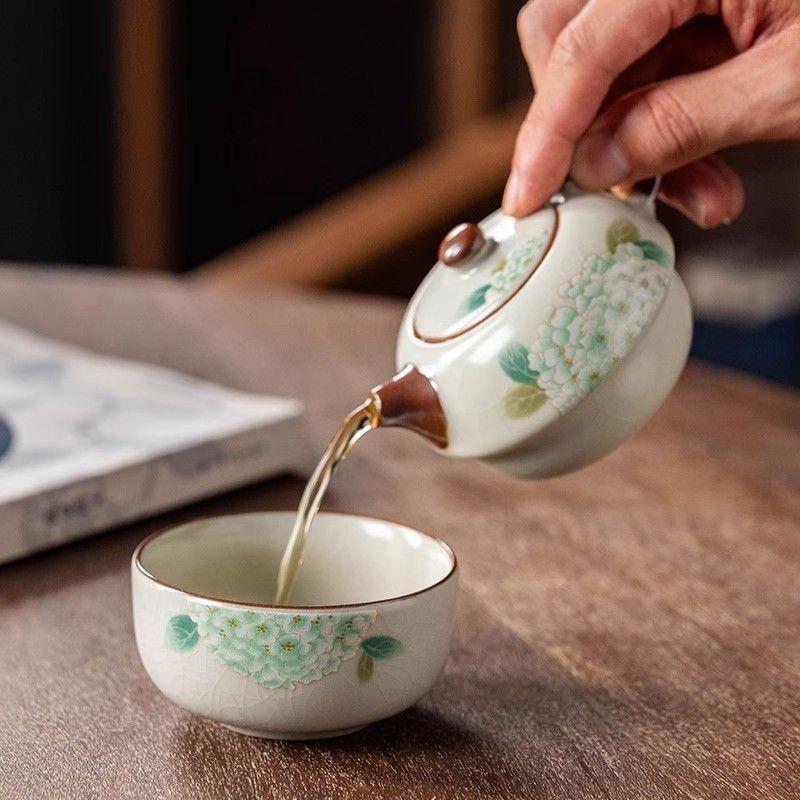 Ru Kiln Travel Tea Set 1 Teapot and 1 teacup, Ceramic Quick Cup, Simple Kung Fu Teaware Infuser, Portable Bag