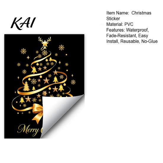 Holiday Storefront Window Displays Gold Ribbon Christmas Tree Static Cling, Glass Sticker with Bow, Reindeer Removable PVC Stickers Antler &