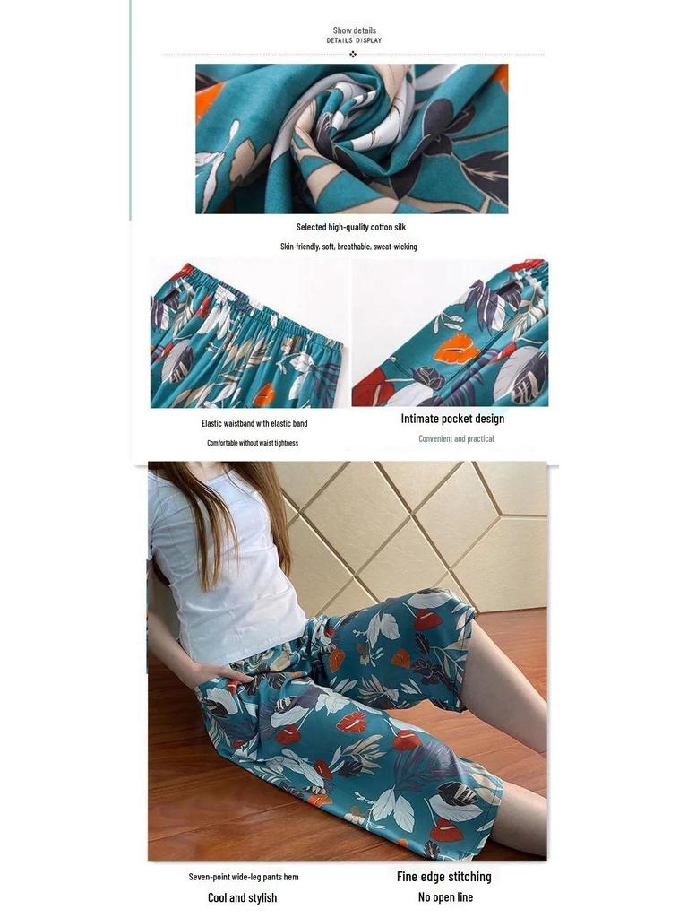Summer Cotton Silk Polka Dot Slimming Over-the-Knee Pants
