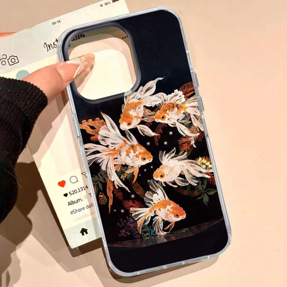 Für Samsung Galaxy S25 Edge S24 S23 S22 S21 S20 FE Plus 5G Ultra Koi Goldfisch Funkeln Schwarz Glänzend Damen Mädchen Bumper Handyhülle