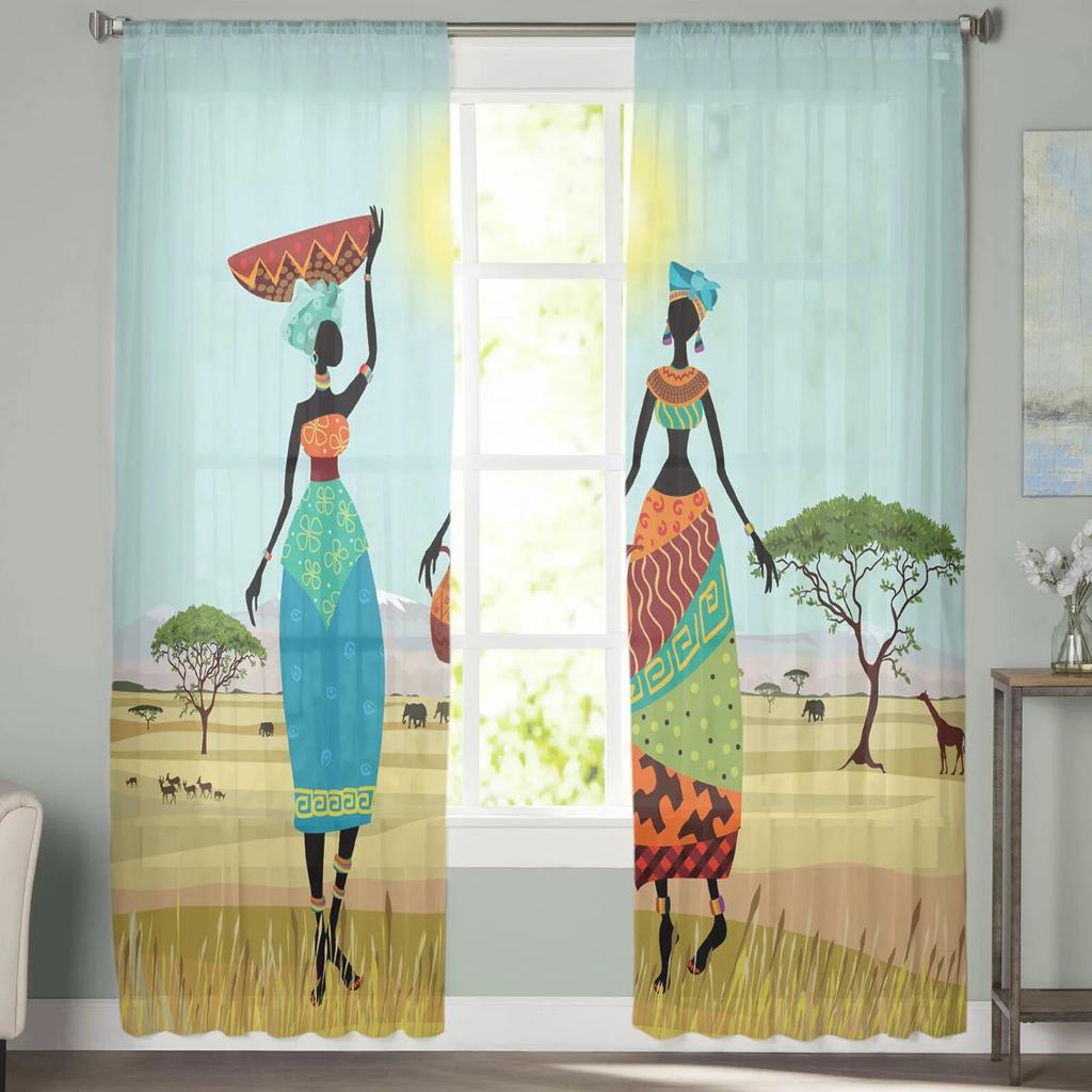 Afrikanische Frauen Ethnische Giraffe Elefant Tüll Vorhänge Für Wohnzimmer Chiffon Voile Sheer Fenster Vorhang Für Schlafzimmer