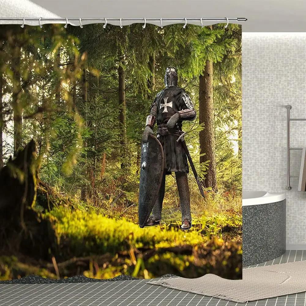 

Medieval Knight Shower Curtain, Retro Armor Knight Holding Shield And Sword Bathroom Shower Curtain Set, Polyester Fabric, Hooks W60H190(CM)-1 Pcs