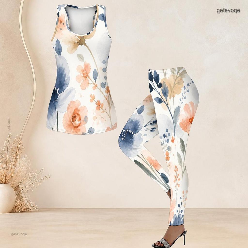 Women Plus Size Two Piece Set Scoop Neck Sleeveless Floral Printed Longline Tank Top Fitted Pants
