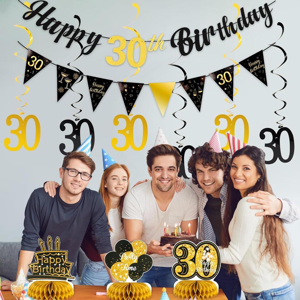 30th Birthday Decorations for Him Pre Assembled Black Gold Happy 30th Birthday Banner, Hanging Swirls and Table Honeycombs Centerpieces for Men 30th