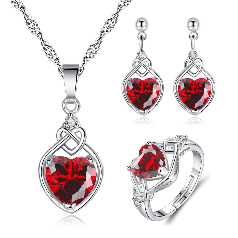 Cross Pomegranate Red Heart Zirconia Moissanite Jewelry Set: Adjustable Necklace, Earrings, and Ring