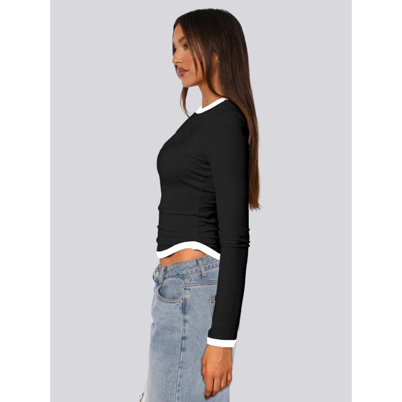 YYFS Damenmode, lässig, Frühling, Herbst, Farbblockdruck, langärmelig, O-Ausschnitt, Blusen & Hemden