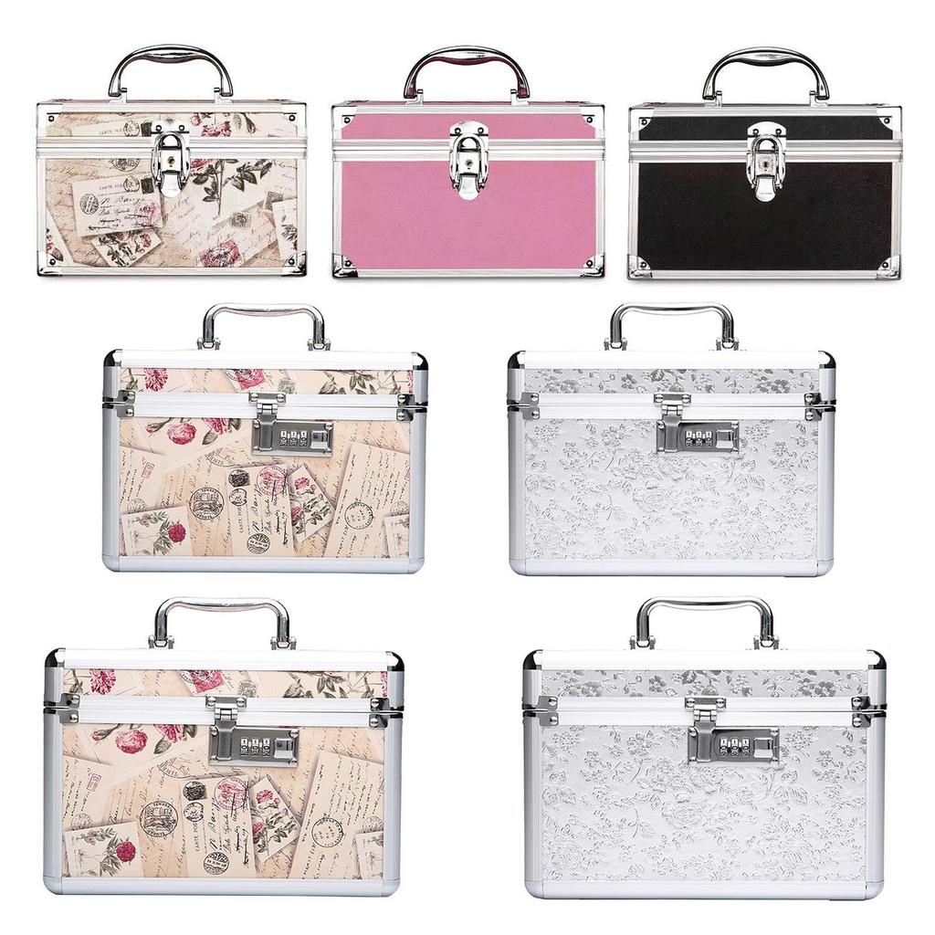 Portable Makeup Bag with Mirror with Tray Cosmetic Storage Box Makeup Box
