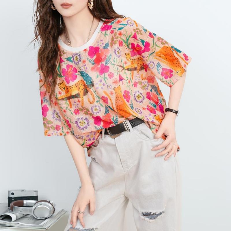 DIMANAF 2026 Plus Size Summer Beach Women Tees T-Shirts Casual Lady Tops Tunic Shirt Oversize Loose Floral Print Knitted