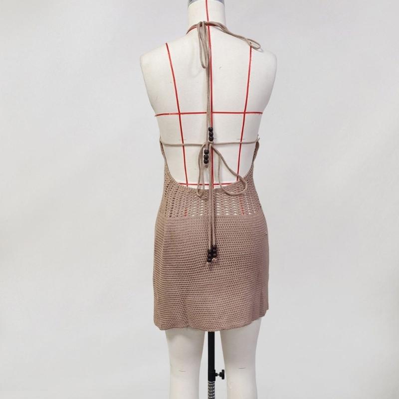 Knitting Tied V Neck Halterneck Backless Tied Up Beach Dress Adjustable Summer Outfit For Women Swimwear Cover Up