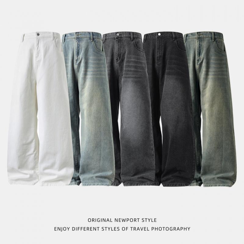 Washed distressed straight loose-fit men's jeans, new four-season vintage silhouette, trendy casual long pants