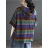 Female Summer Literary Retro Striped T-shirt Loose Thin Hooded Short-sleeved Sweatshirt
