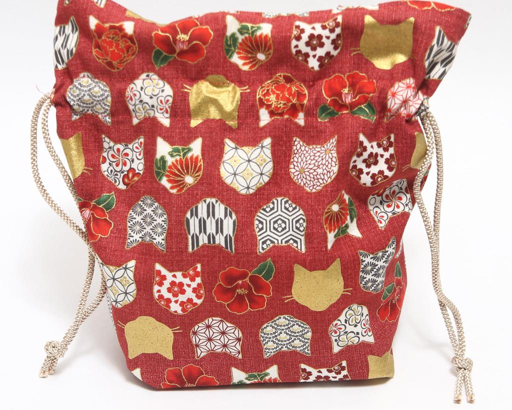 [Hasegawa] Cat Pattern Drawstring Bag with Handle, Made in Japan (Cat SilhouetteRed)