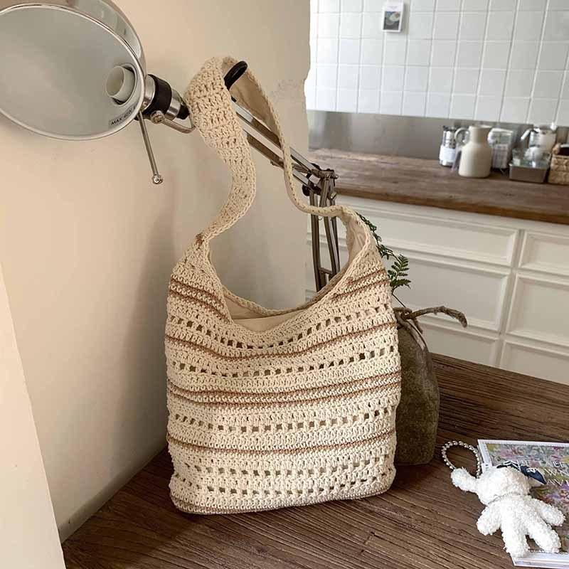 New Color Matching Woven Bag Large Capacity Simple Portable Shoulder Bag Fashionable Commuter Vacation Beach Bag