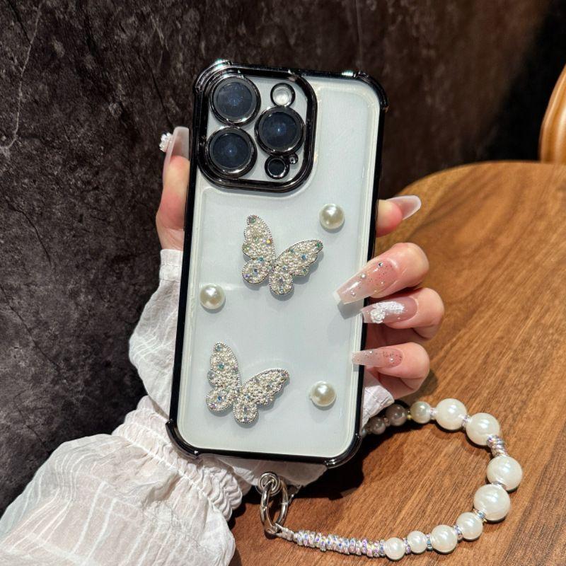 

Чехол с цепочкой из бусин, 3D жемчужной бабочкой и гальваническим покрытием для Samsung Galaxy S25 Edge S24 S23 S22 S21 S20 Ultra FE Note 20 10 Plus Galaxy S25 Edge