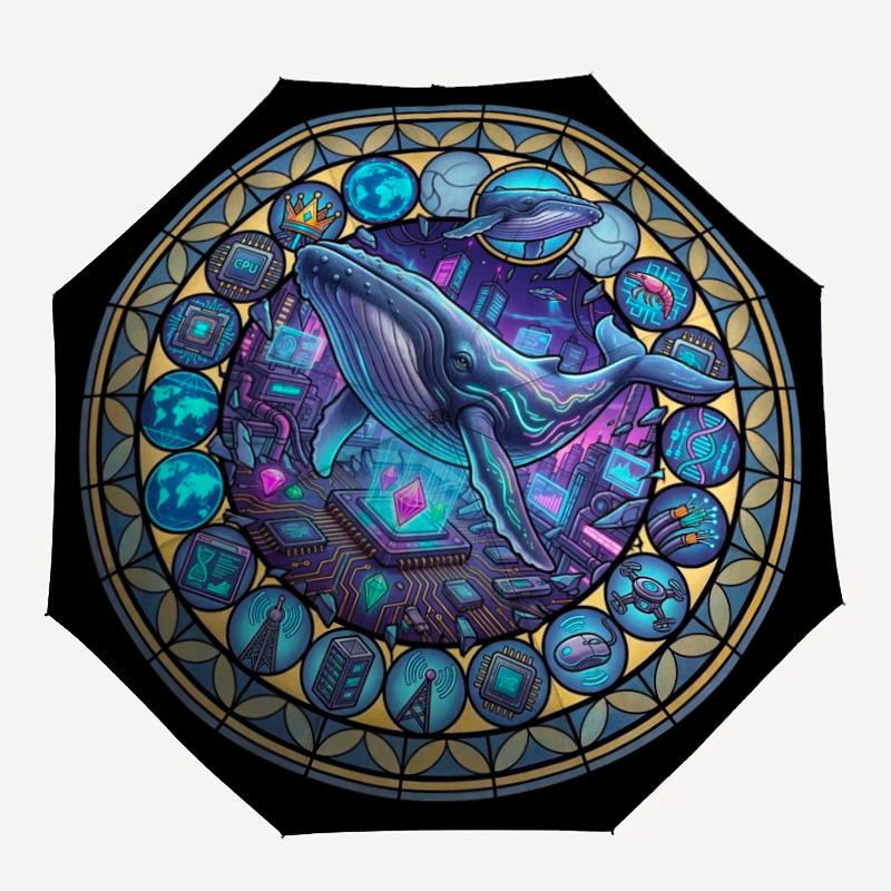 Whale Tech Glass Pattern Umbrella, Portable and Foldable Design, 8 Ribs, a Casual Accessory for Halloween, Christmas, and Birthday Gifts.