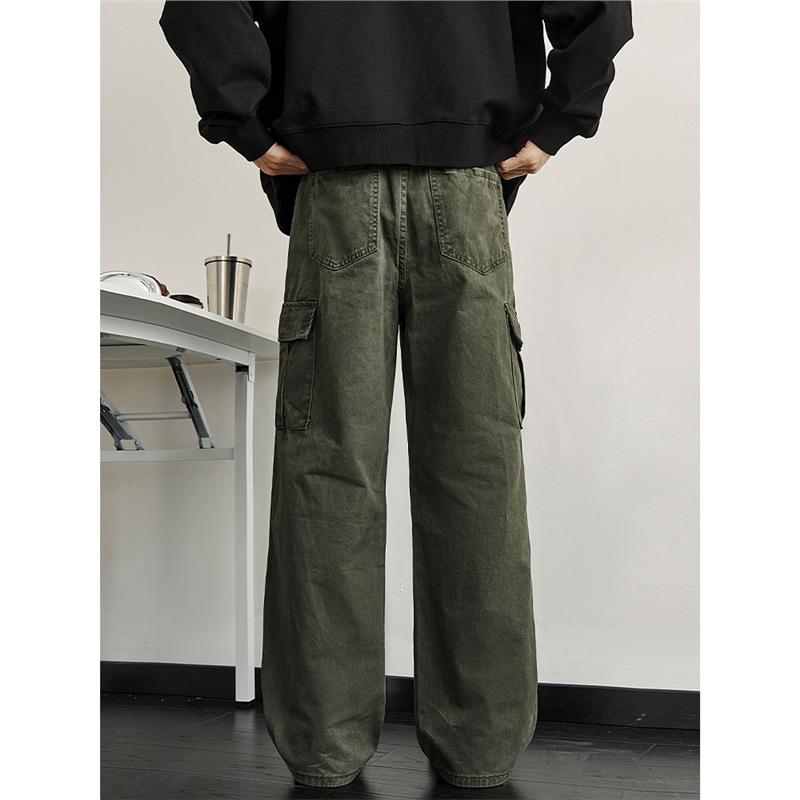 American retro washed and old overalls men's spring and autumn tide niche loose straight wide-leg pants pocket paratrooper pants