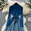 Autumn Winter Women Casual Full Sleeve Striped Knitted Sweater Pullover Lace-up Dresses