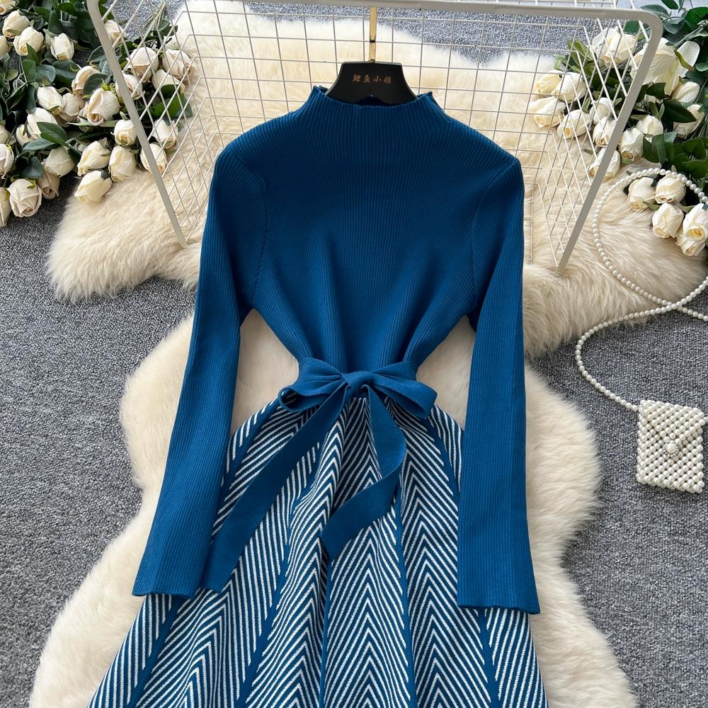 Autumn Winter Women Casual Full Sleeve Striped Knitted Sweater Pullover Lace-up Dresses