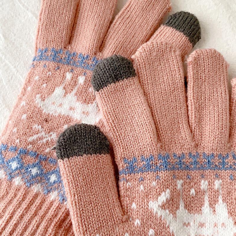 Damen Winter Warme Touchscreen Handschuhe - Dickes Samtstrick mit Niedlichem Elchmuster für Outdoor Radfahren