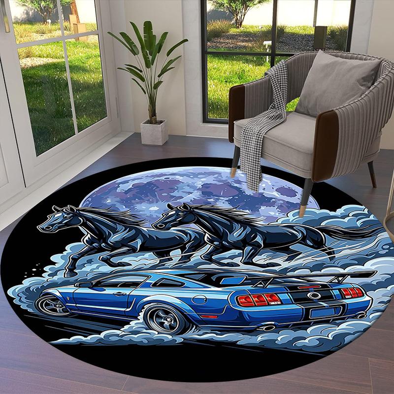 1PC Horse Car Non-Slip Floor Round carpet, Office, family, bedroom, Large Area Rug Indoor Rugs, Durable PolyesterH0340