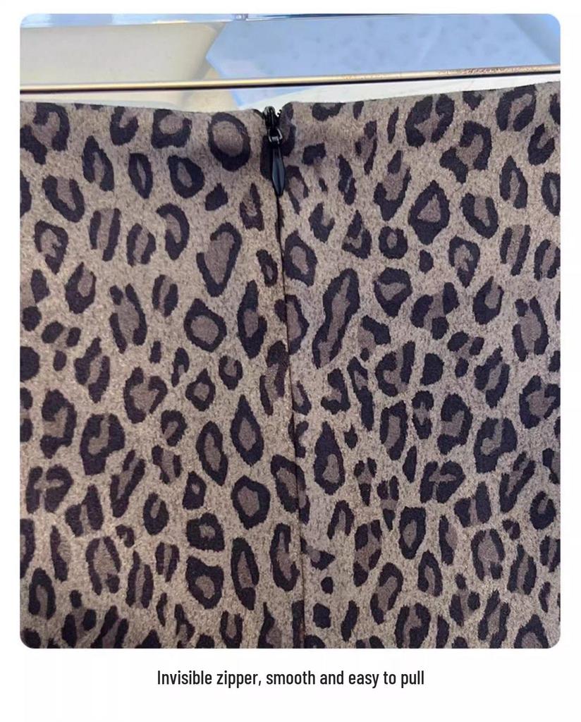 2025 Trendy Women's Leopard Print Wool-Blend A-Line Skirt - High Waist, Slimming Fit for Autumn/Winter