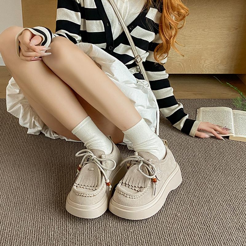 Fashion 5CM Women‘s Casual Loafers Anti-Fur Leather Derby Shoes Tassel Design Heightening Monk Shoes Slip-On Comfortable Rubber Sole