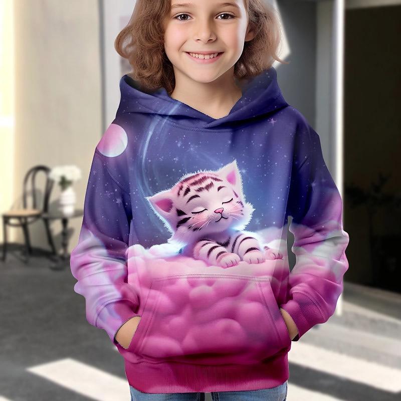 Girls' 3D Cartoon Cat Hoodie Pullover Long Sleeve 3D Print Fall Winter Active Fashion Cute Kids 3-12 Years Outdoor Casual Daily Regular Fit