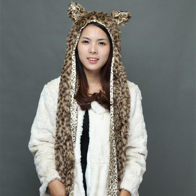 Faux Fur Fox Hat With Ears Scarf Gloves Combo Cute Cartoon Winter Warm Headwear Adults