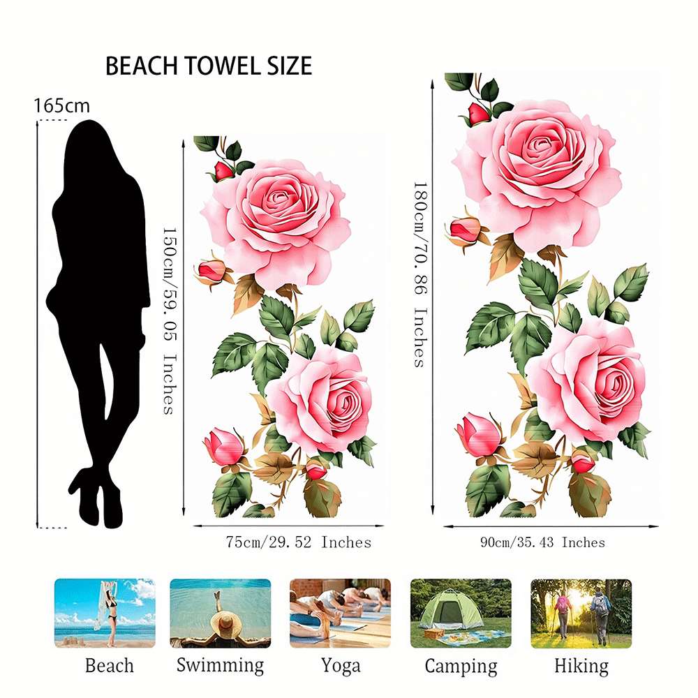 1pc Quick-Dry Beach Towel - Soft Pink Roses On Beige, Fast-Drying Microfiber Towel for Pool, Travel, Spa - Lightweight Highly