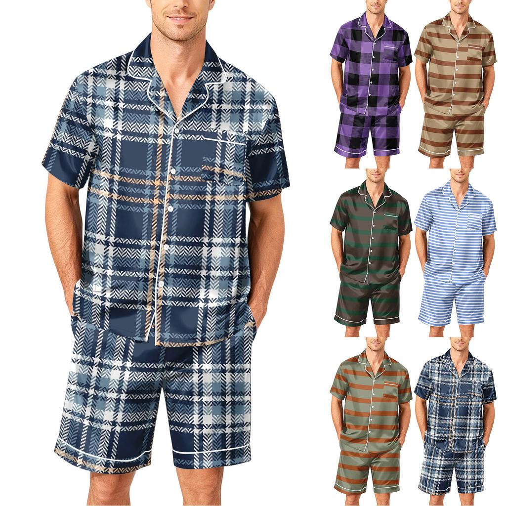 Men's Short Sleeve Button Down Pajama Set with Shorts Soft Casual Sleepwear S To XXXXL Comfortable Lounge Wear