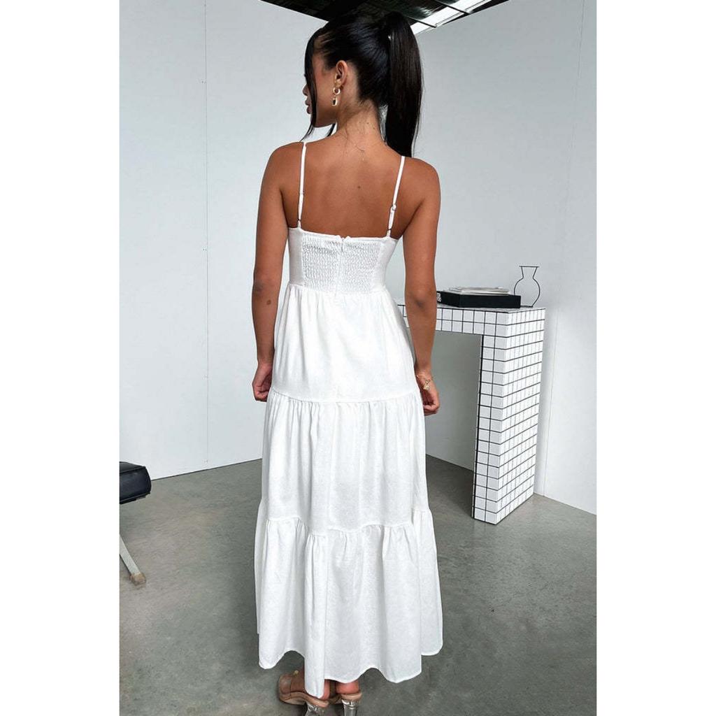 New Women's Elegant Solid Color Low-cut V-neck Suspender High Waist Flowy Maxi Long Dress For Party Evening Casual