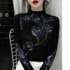 De Rong Women's Autumn/Winter Rhinestone Long-Sleeve Semi-High Neck Base Layer Shirt