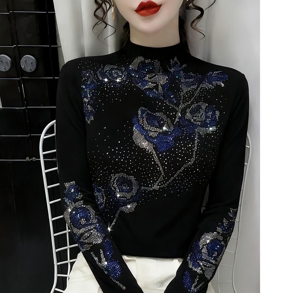 De Rong Women's Autumn/Winter Rhinestone Long-Sleeve Semi-High Neck Base Layer Shirt