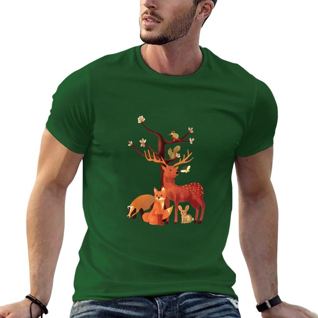 Woodland Animals Deer Fox Rabbit Squirrel Watercolor Vintage TShirt Oversized T Shirt Mens Clothing