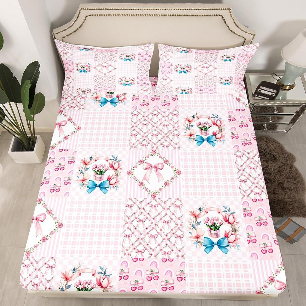 Simple Bow Pattern Mattress Three-Piece Digital Printing Mattress Bedding Set Adult Children