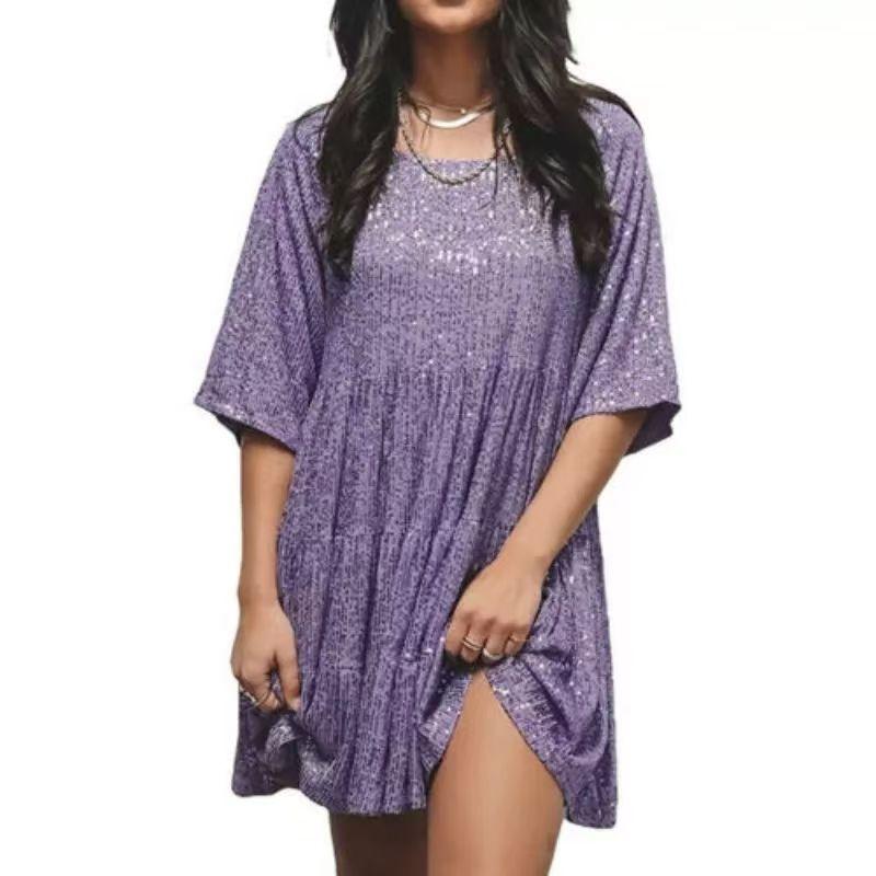 

Fashion Style New Arrival Fashionable Sequins Half Sleeve round Neck Frill Loose Dress Sequined Loose Dress Purple 2XL