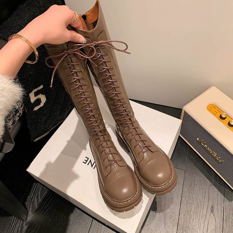 Krazing Pot Buty Jesienno-Zimowe ze Skóry Naturalnej Europejski Design Średnie Obcasy Kozaki Jeździeckie Kobiety Utrzymują Ciepło Kozaki do Uda