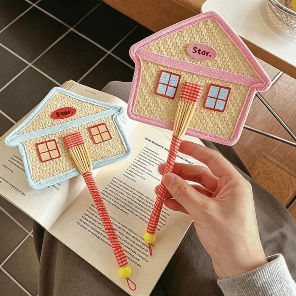 Portable Cartoon House Shape Fan Handcrafted Handwoven Handheld Cooling Fan Summer Daily Cooling