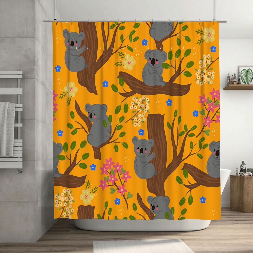 Koala Tree Branch Shower Curtain Fabric Waterproof Bathroom Decoration for Kids Room In Yellow Color with Flowers Design 128-cha