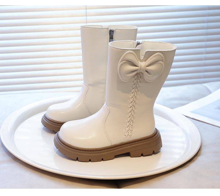 Dívčí kozačky po koleno v britském stylu s fleecovou podšívkou a mašlí - Móda podzim/zima 2025 pro malé princezny s měkkou podrážkou