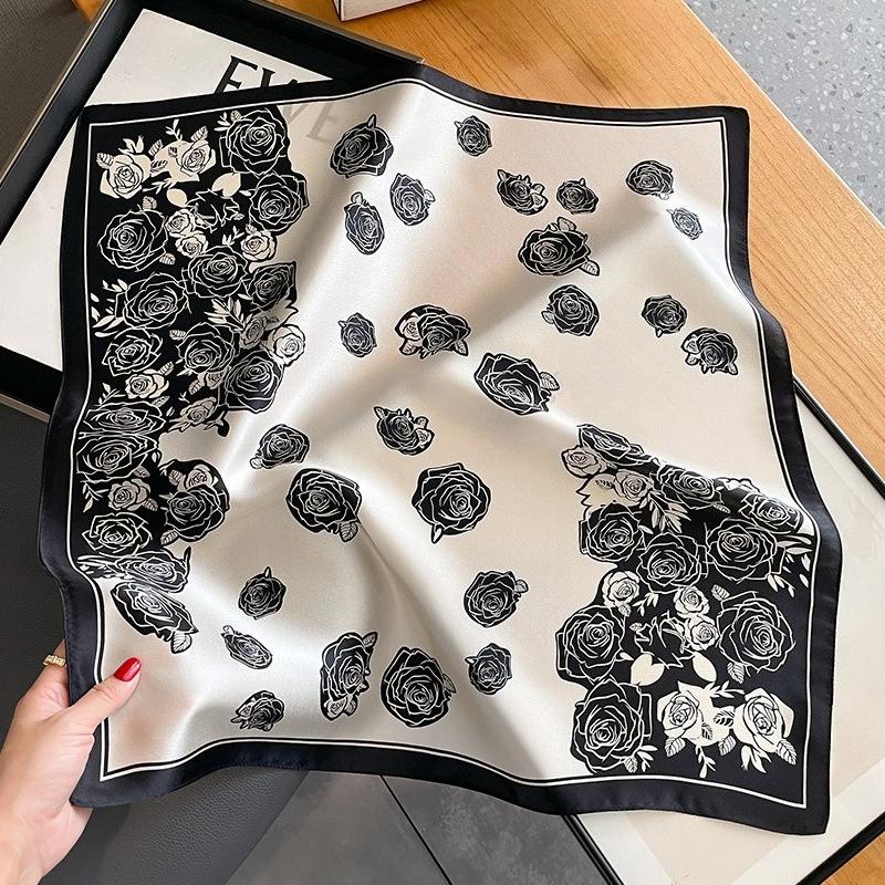 68Cm Black And White Rose Printed Scarf Women S Autumn And Winter Polyester Fiber Scarf Trendy Versatile Headscarf Neck Shawl