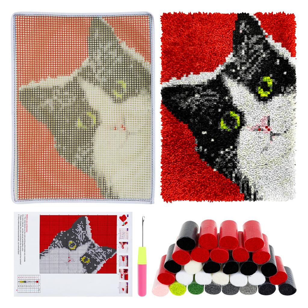 Animal Cat Style Latch Hook Rug Kit Pre Printed Bright Color Latch Carpet Making Kit for Adults Kids Beginners