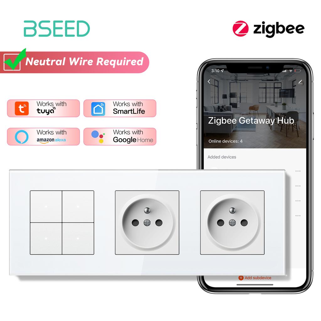 BSEED Zigbee 1/2/3/4Gang Smart Light Switches Click Buttons Tuya Smart Life App Control Plus Double French Sockets Glass Panels