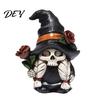 Wizard Hat Gnome Statue Halloween Skeleton Figurine, Gothic Witch Dwarf Statue, Figurine Holding Rose Sculpture for Party Decoration Hand Painted